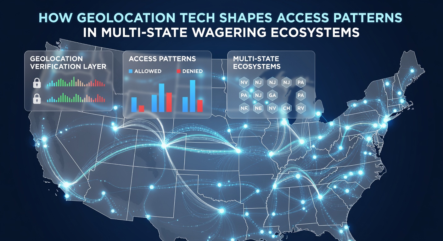 Geolocation technology interface showing state boundaries and wagering access zones across multiple U.S. regions