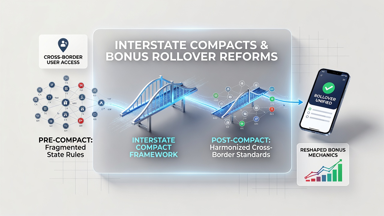 Illustration of mobile betting app interfaces across state lines with interstate compact symbols