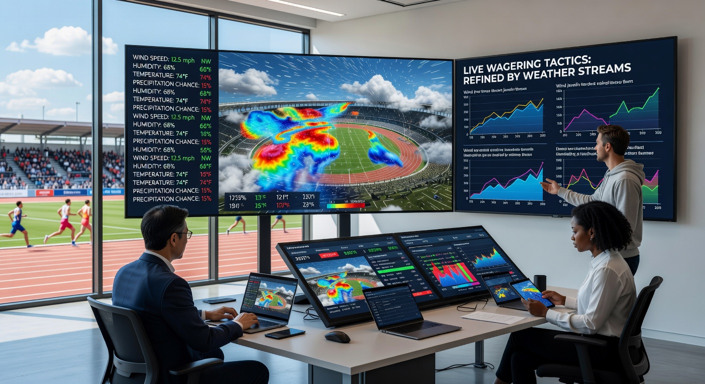 Bettors reviewing updated odds on mobile devices while monitoring live weather overlays at an outdoor sports venue