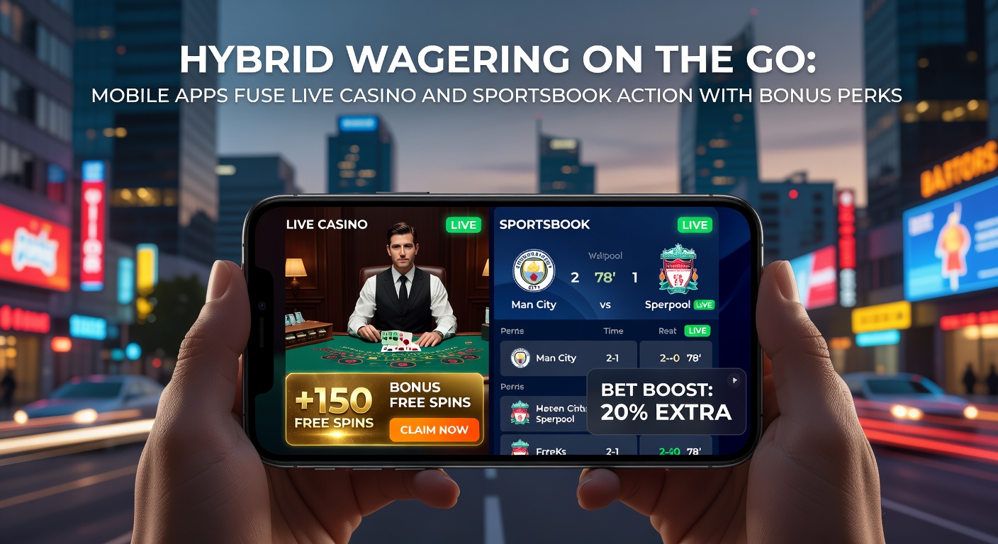 User holding a phone with a hybrid app open, showing live blackjack game next to basketball betting slips and a prominent welcome bonus banner