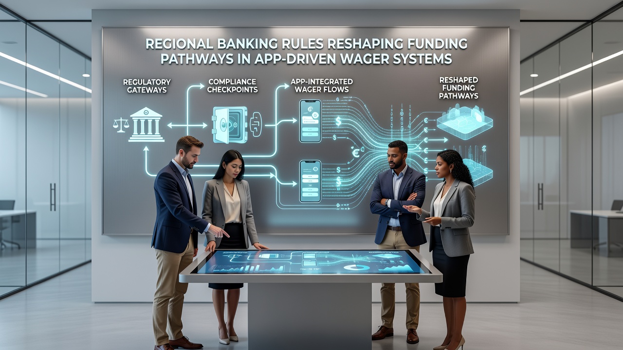 Mobile app interfaces displaying regional banking compliance indicators during wager funding