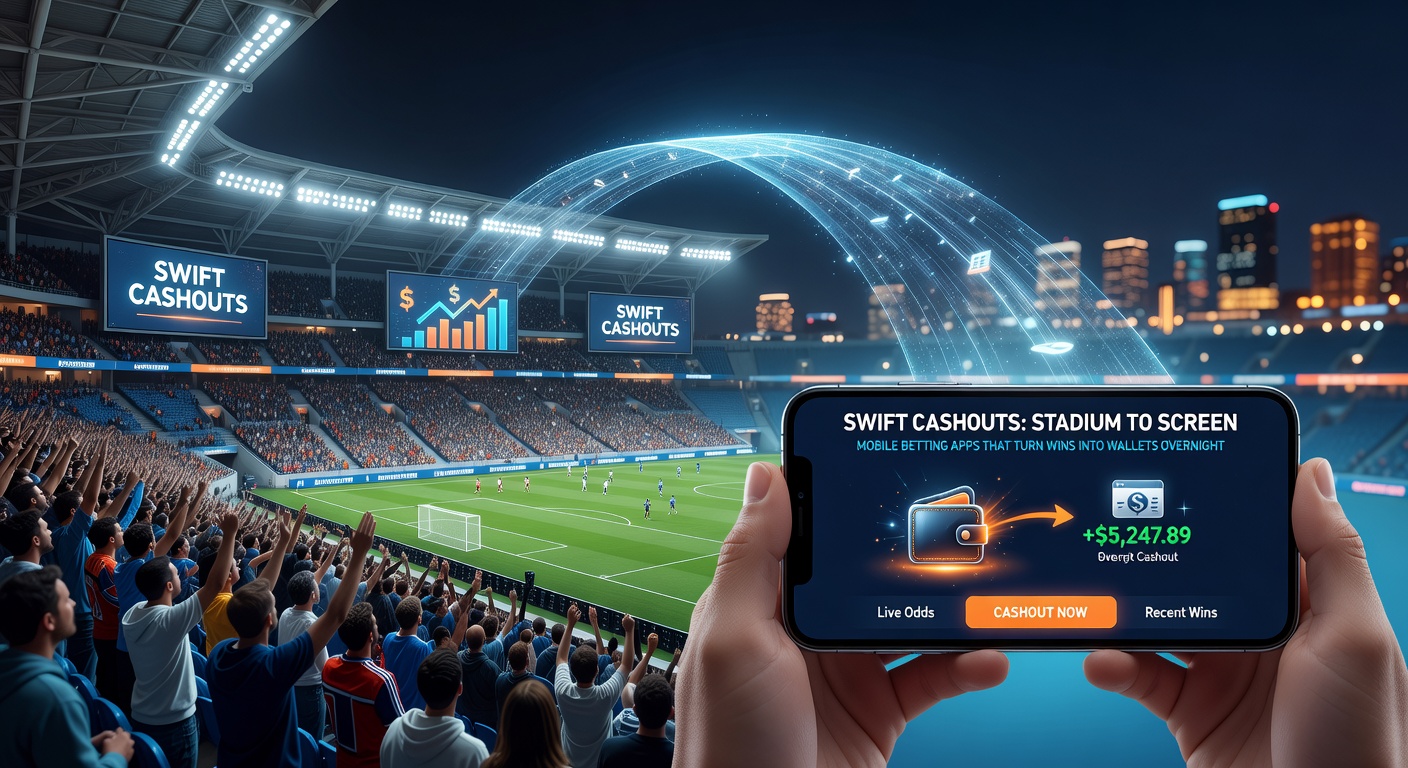 Close-up of a hand holding a phone at a stadium, showing a betting app cashout confirmation with money transferring to a bank app