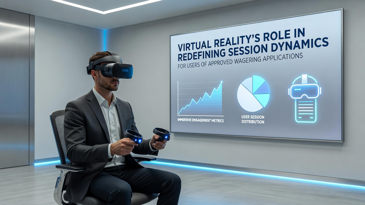 Group of users engaging with virtual reality wagering applications in a controlled testing environment with data overlays on session metrics